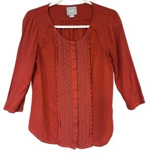 Maeve Anthropologie Rust‎ Blouse Top Crochet Trim 3/4 Sleeve Size 4
